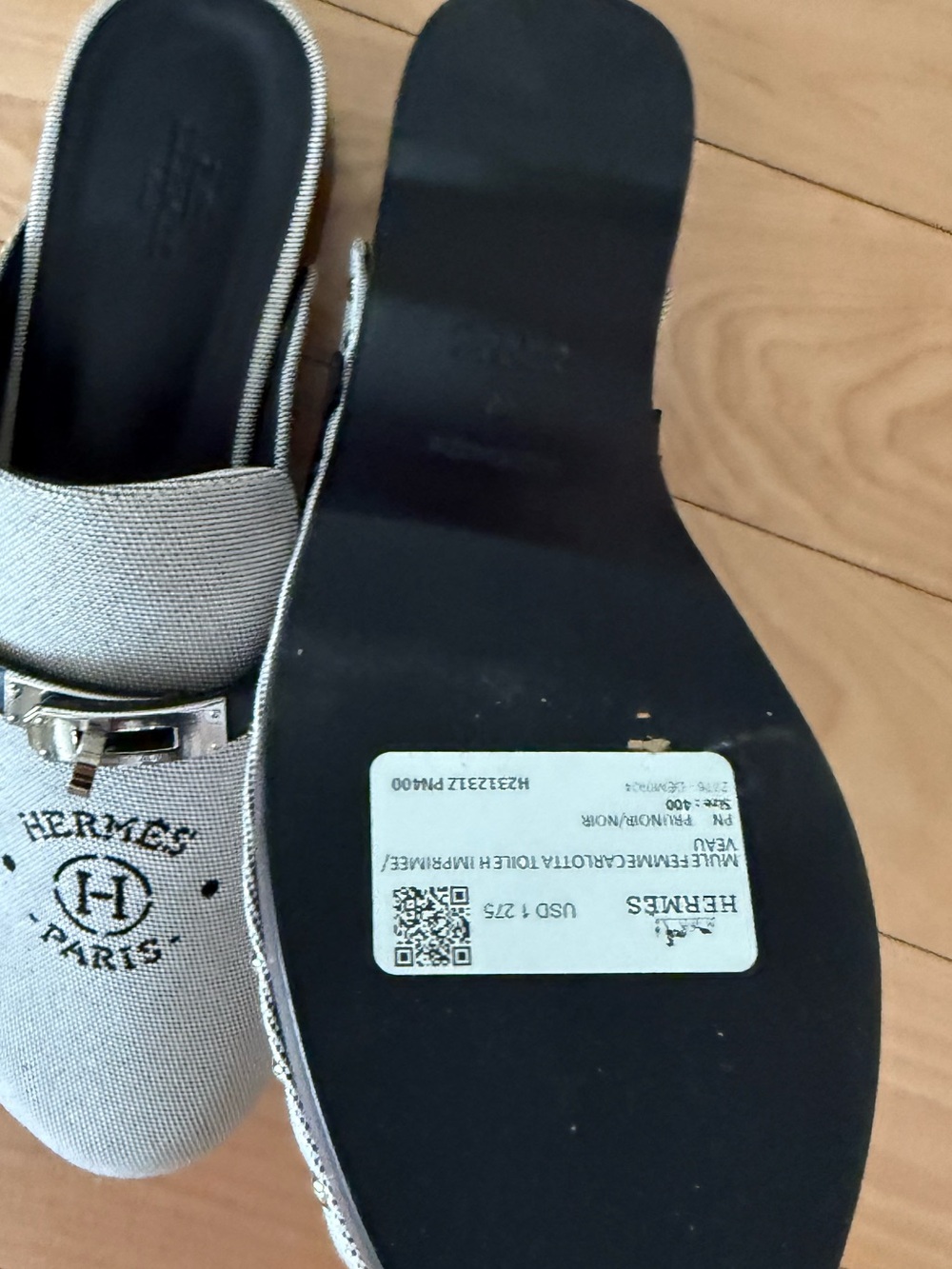 Hermes Beige Canvas Mules with Black Strap and Silver Hardware - Picture 2 of 2